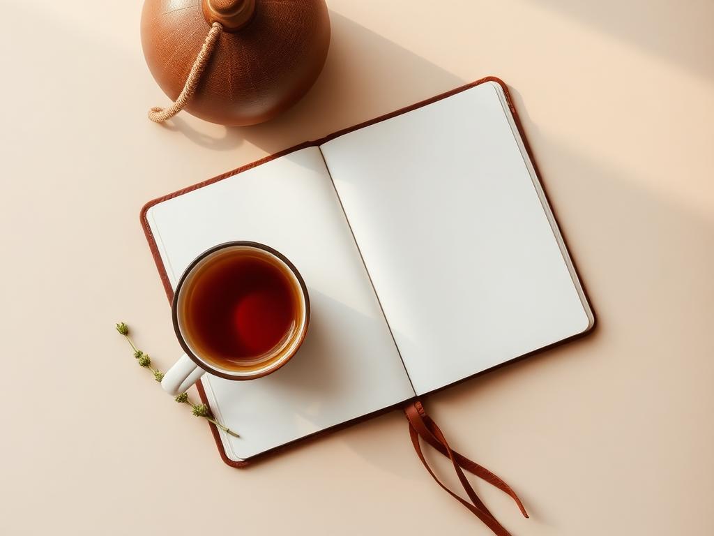 Herbal tea beside an open leather planner